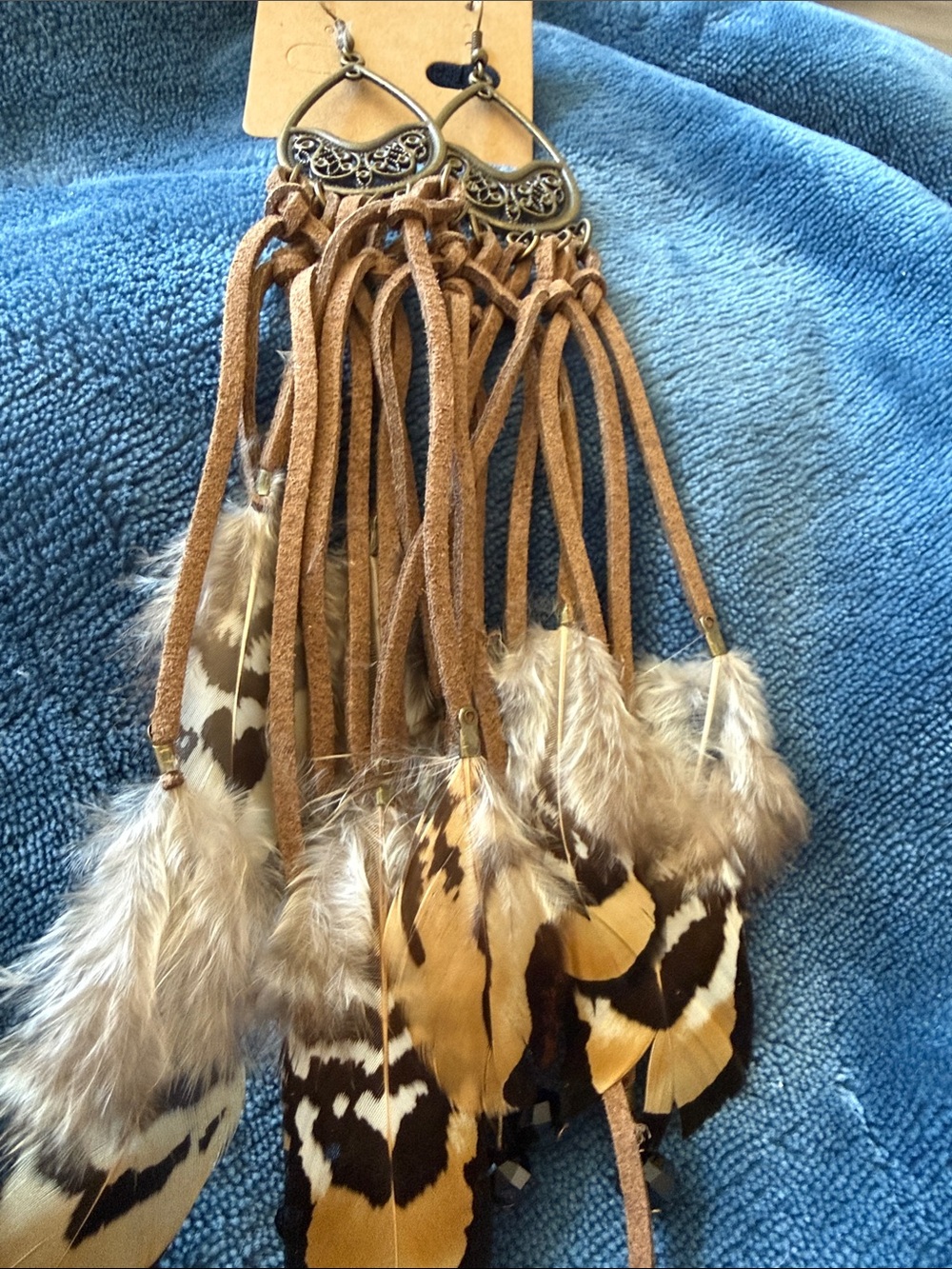 Boho Feather Tassel Earrings with Brown Leather NWOT